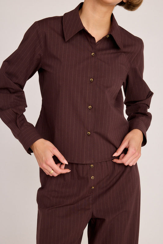 Riley Poplin Shirt - Brown Pinstripe