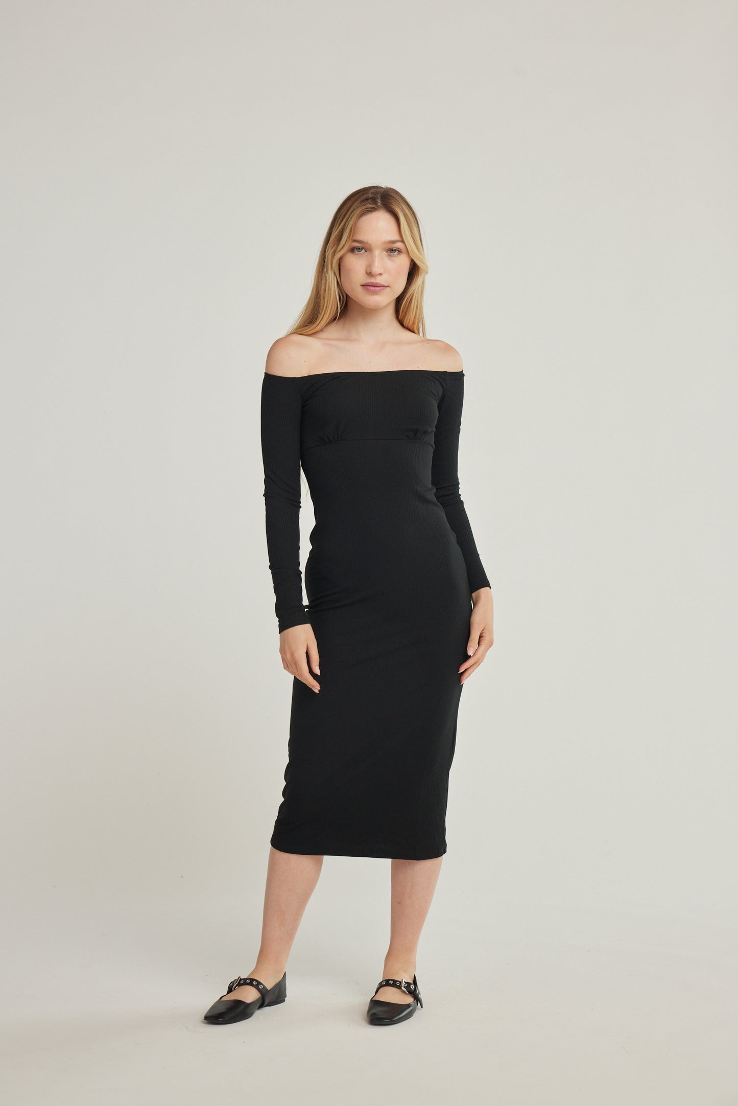 Desiree Off Shoulder Rib Dress - Black