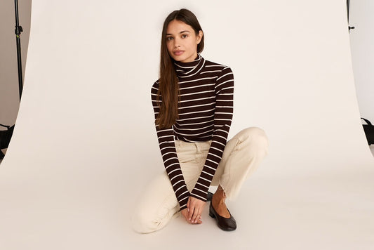 Margot Turtleneck Top - Brown/Cream Stripe