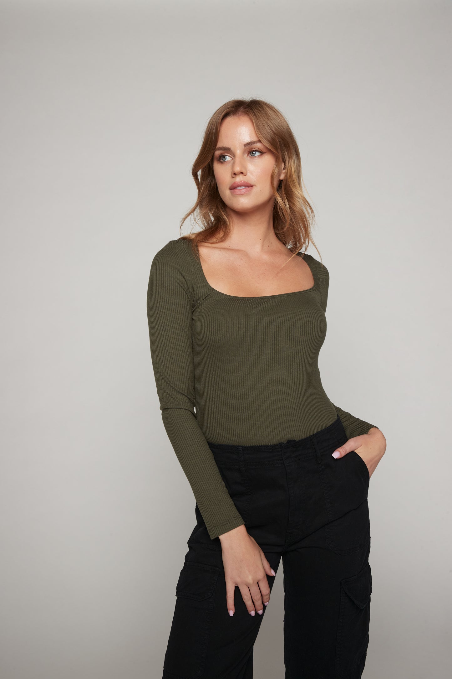 Olivia Long Sleeve Rib Top - Olive
