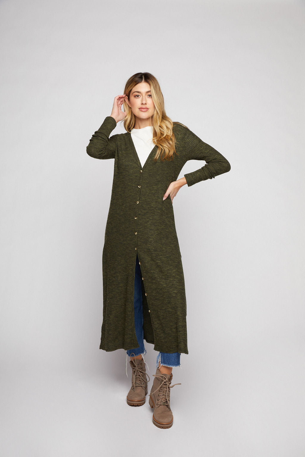 Maxi Waffle Cardigan - Olive