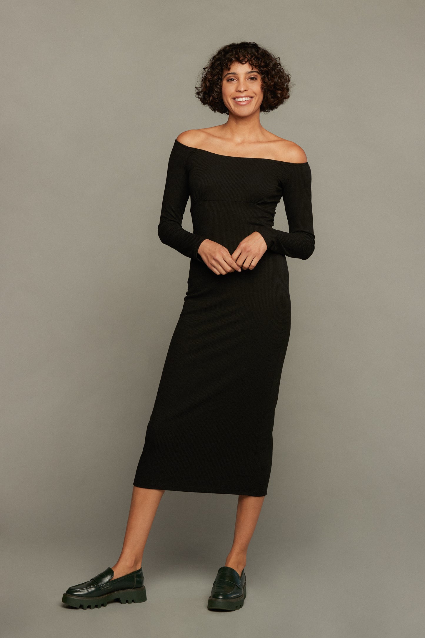 Desiree Off Shoulder Rib Dress - Black