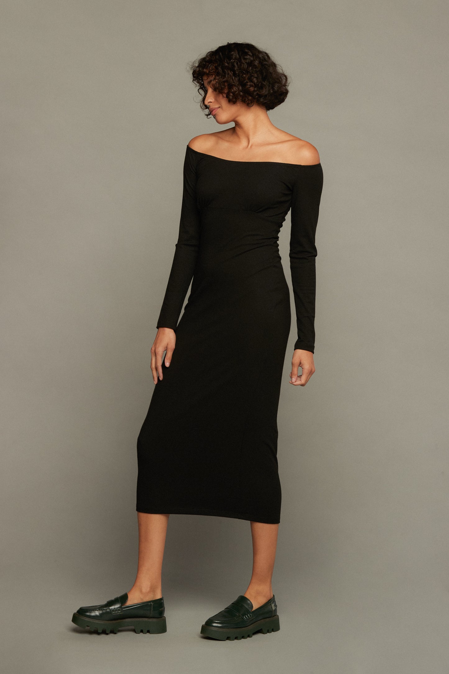 Desiree Off Shoulder Rib Dress - Black