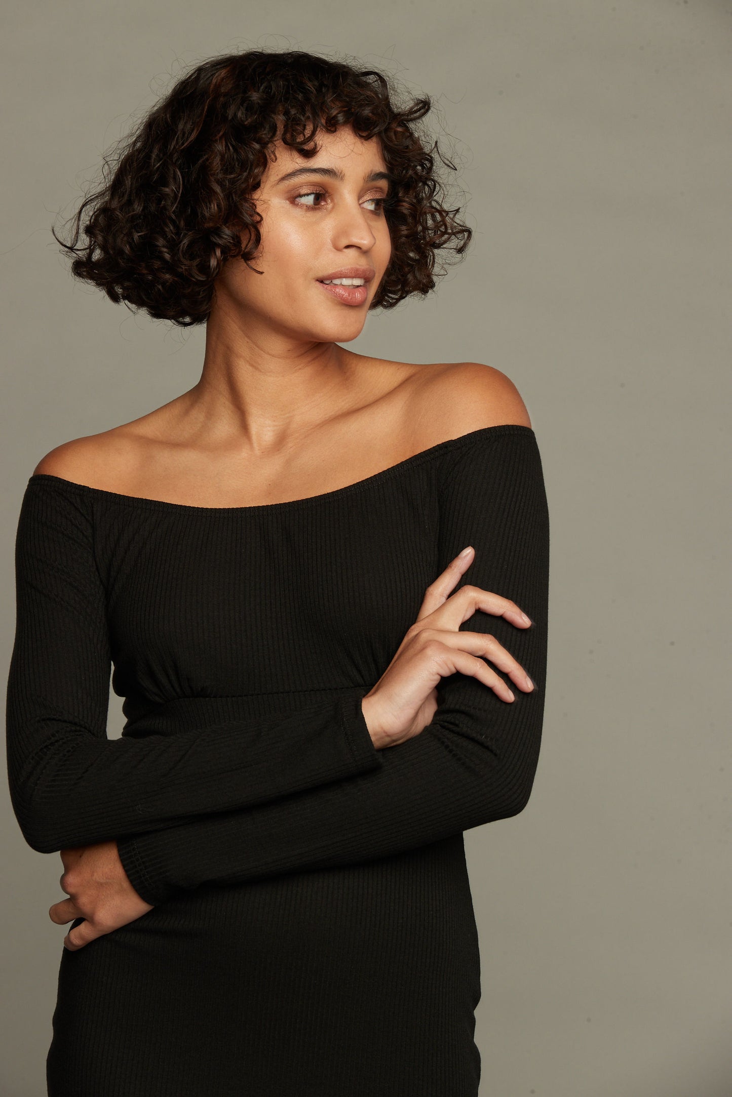 Desiree Off Shoulder Rib Dress - Black
