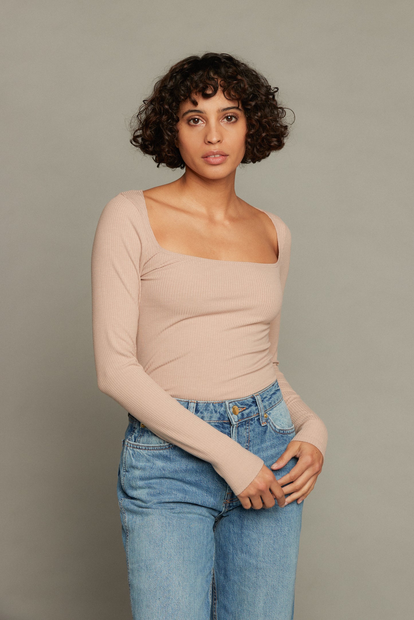 Olivia Long Sleeve Rib Top - Sand