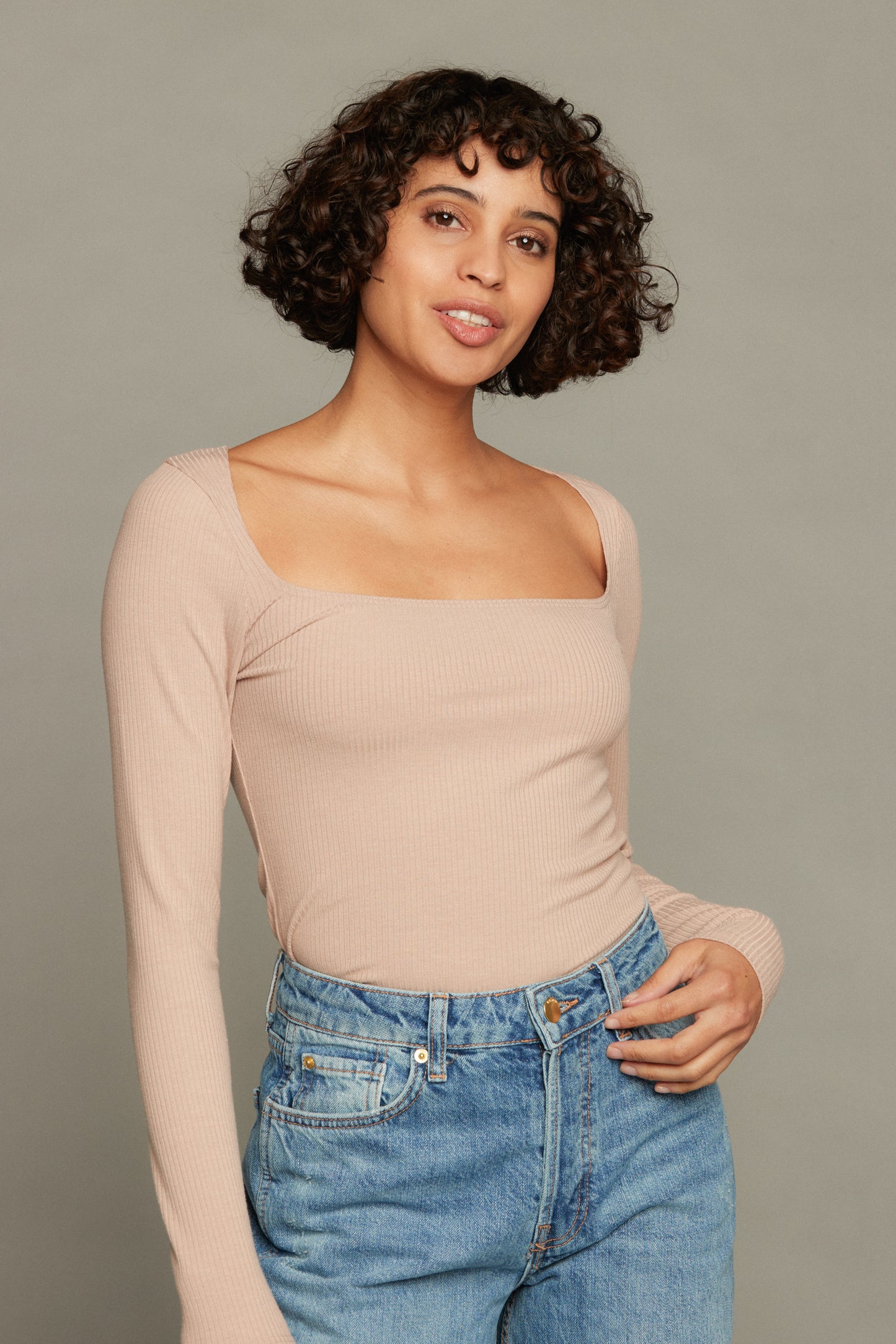 Olivia Long Sleeve Rib Top - Sand