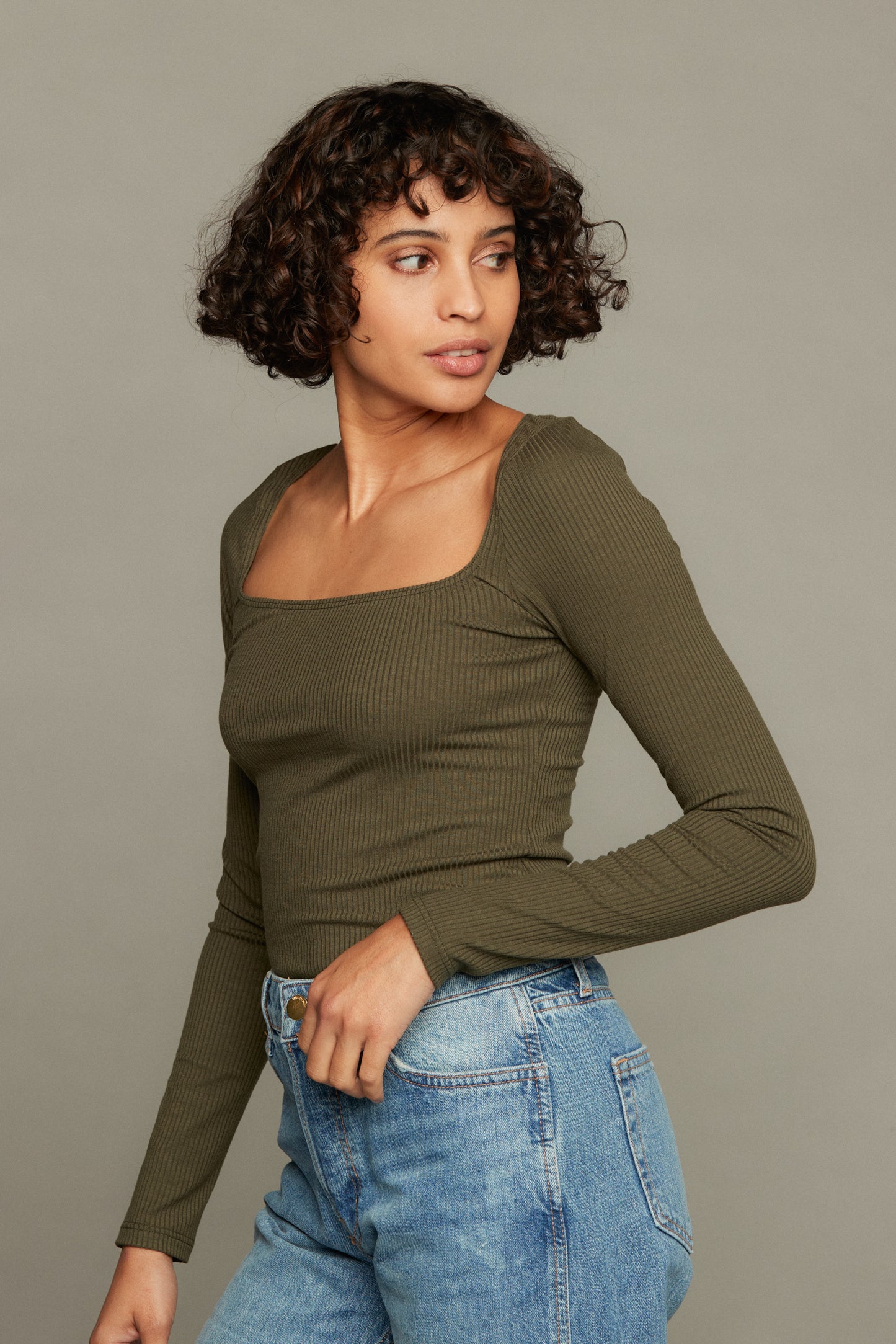 Olivia Long Sleeve Rib Top - Olive