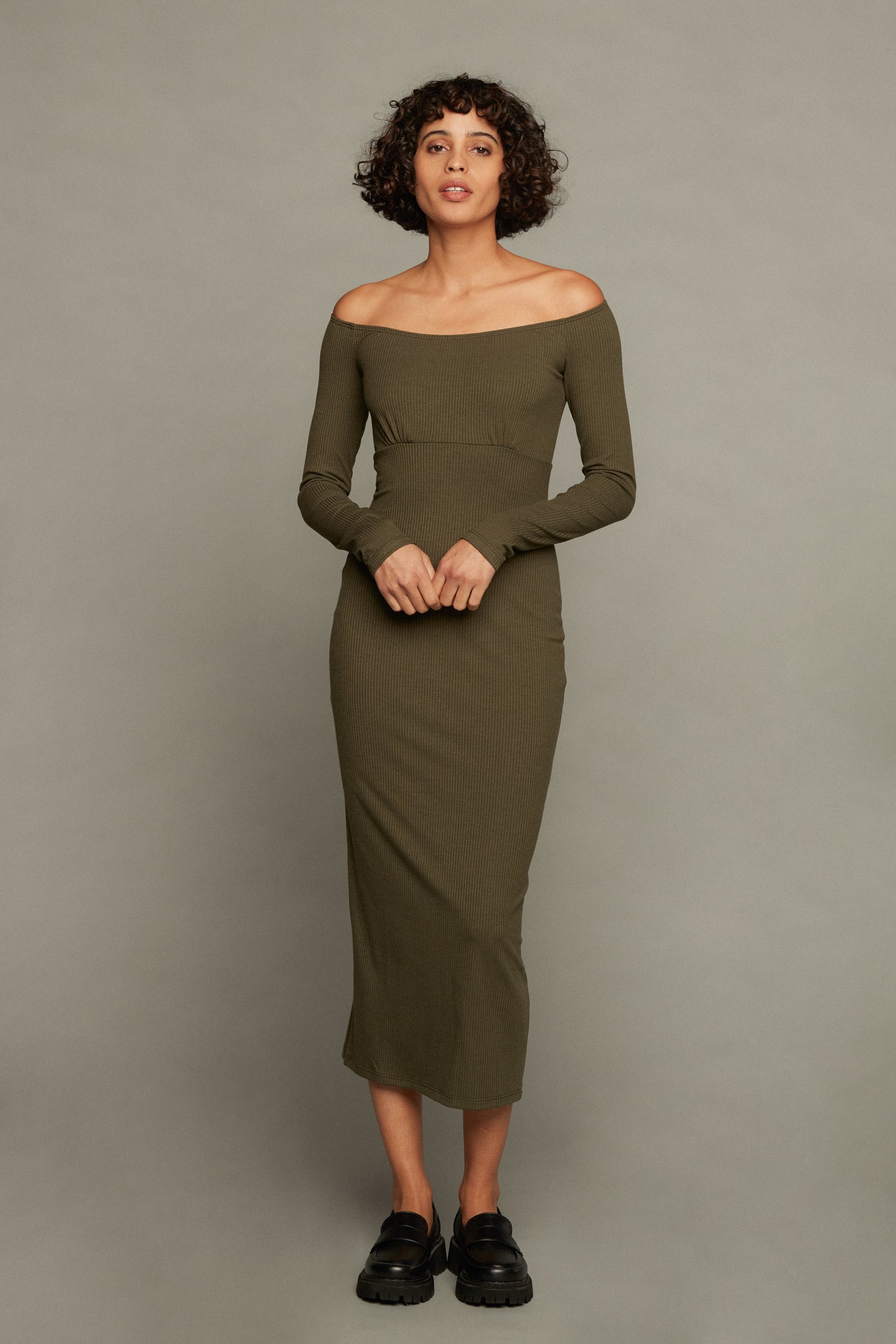 Desiree Off Shoulder Rib Dress - Olive