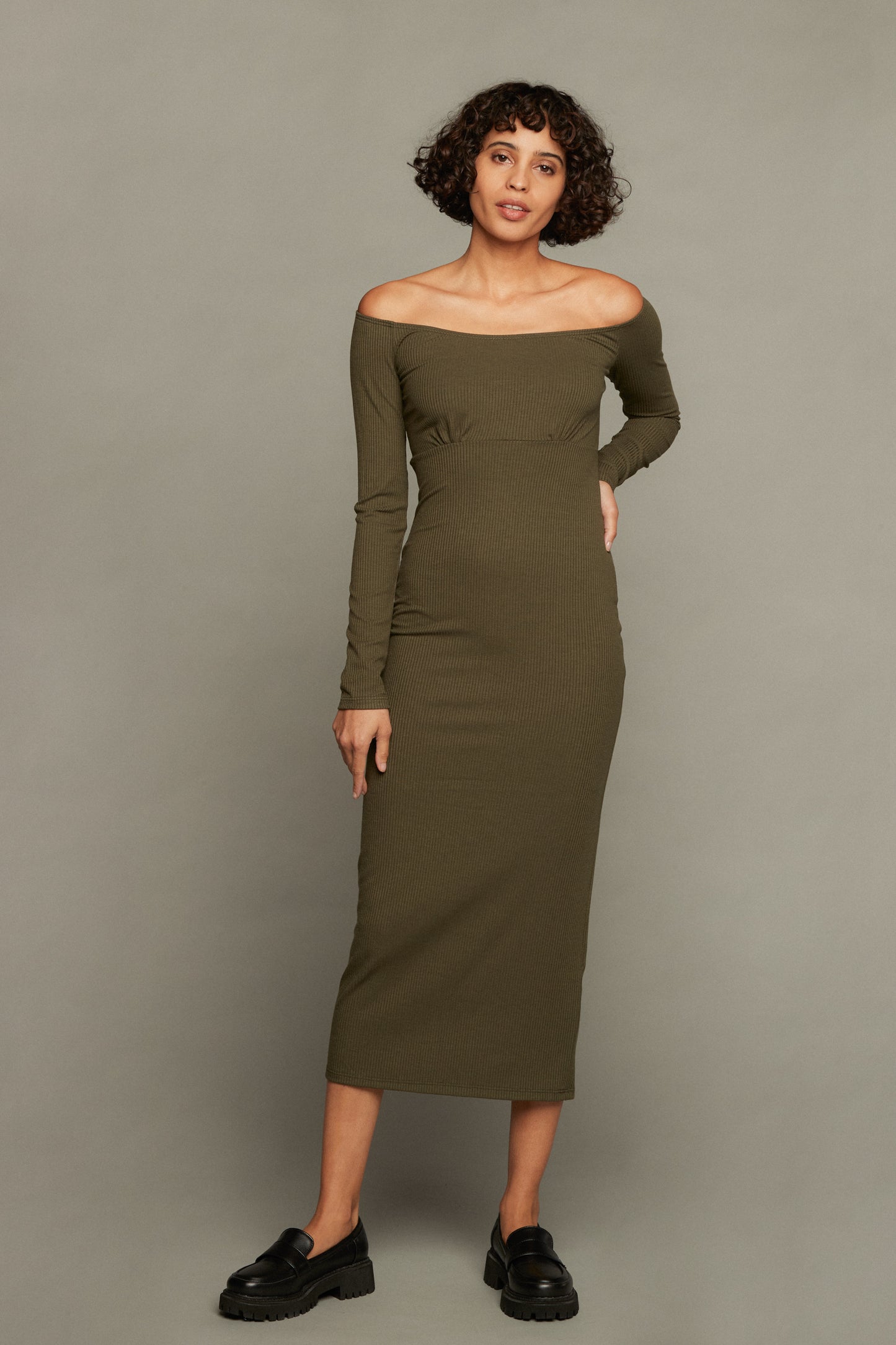Desiree Off Shoulder Rib Dress - Olive