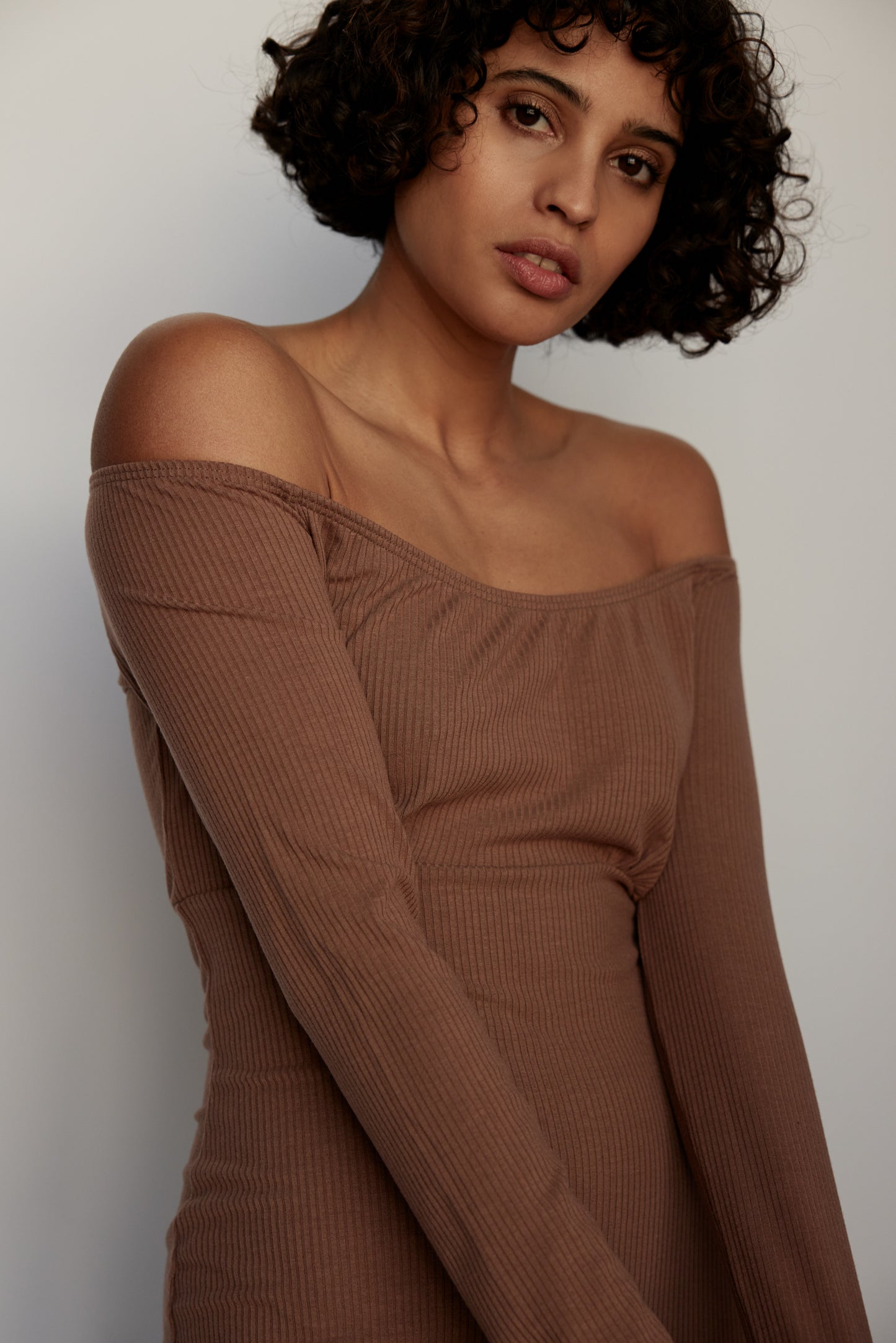 Desiree Off Shoulder Rib Dress - Mocha