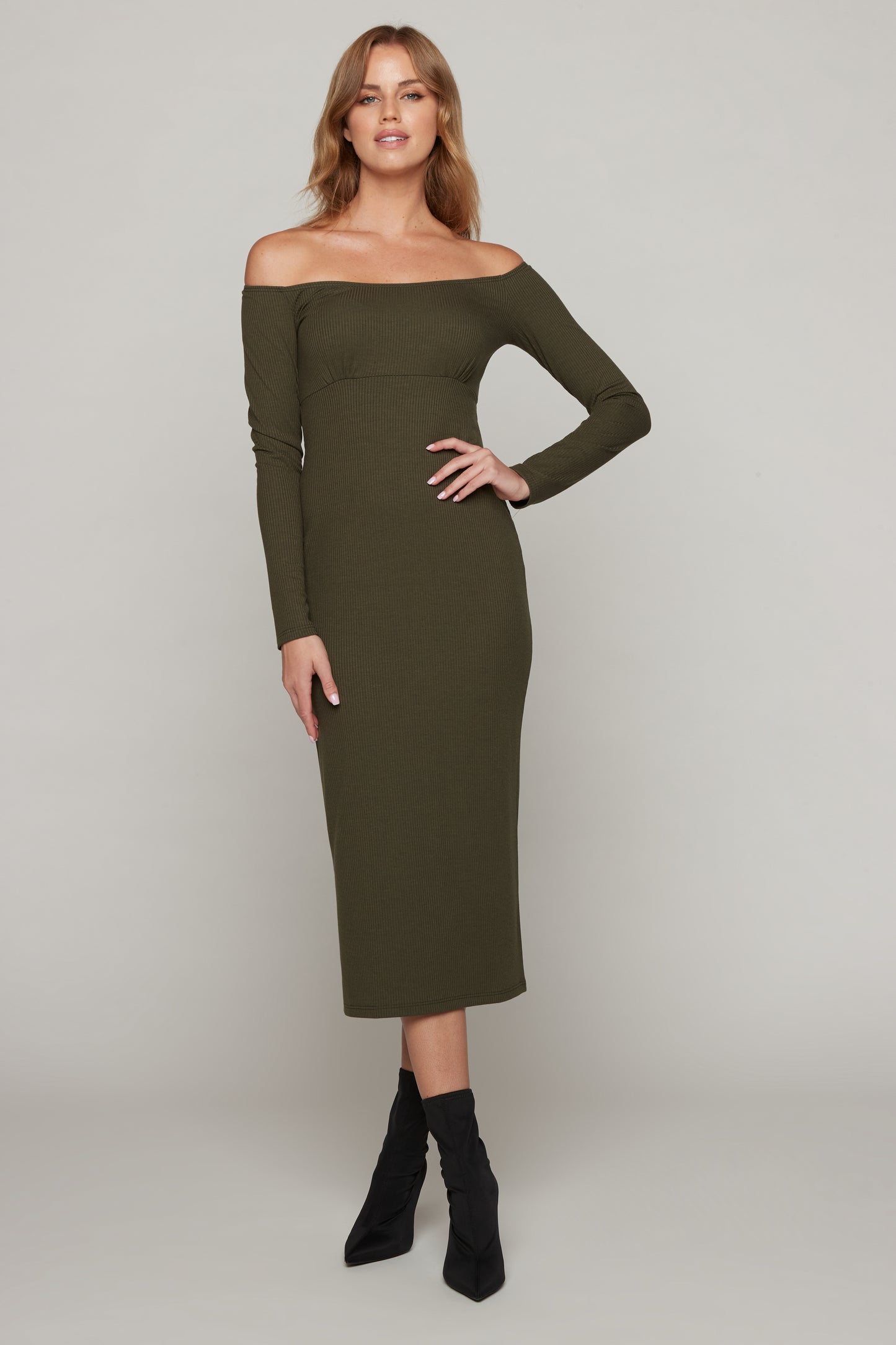 Desiree Off Shoulder Rib Dress - Olive