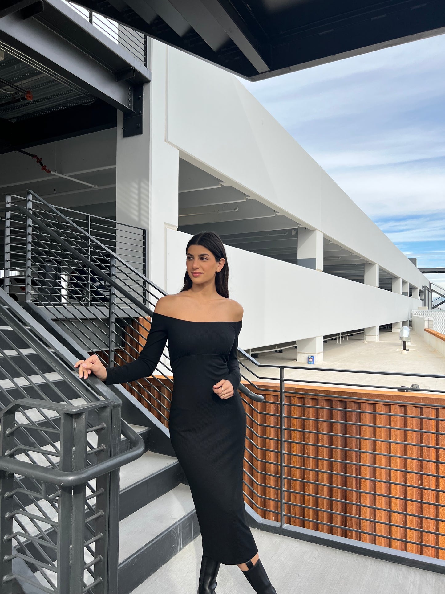 Desiree Off Shoulder Rib Dress - Black