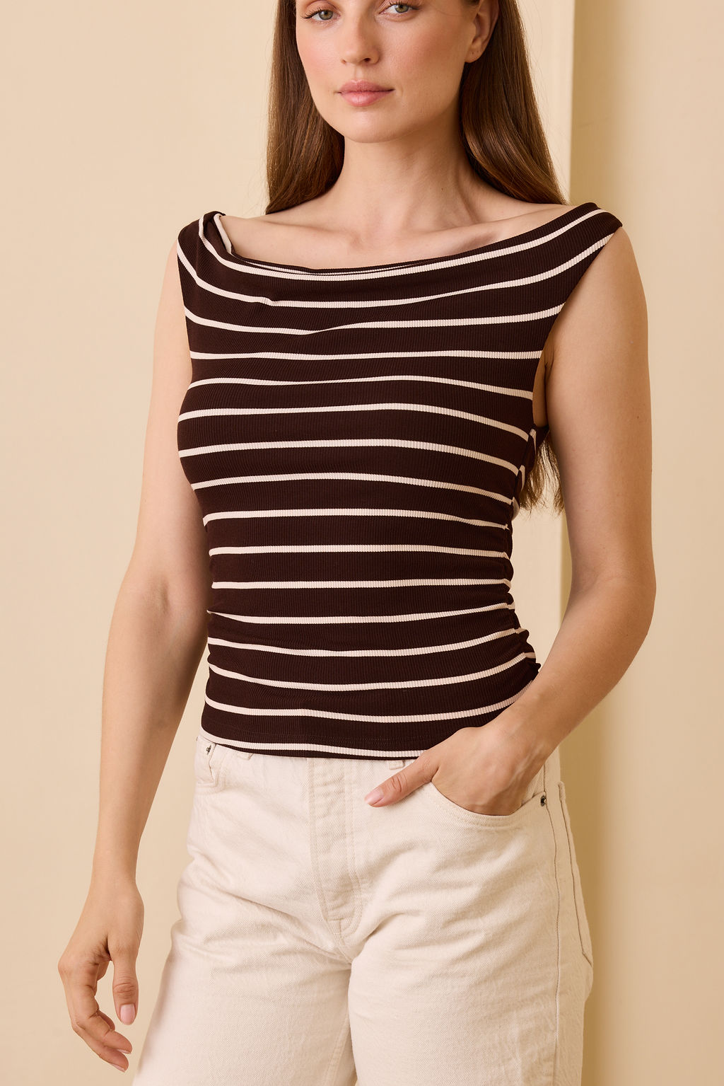 Angelica Rib Top - Brown/Cream Stripe