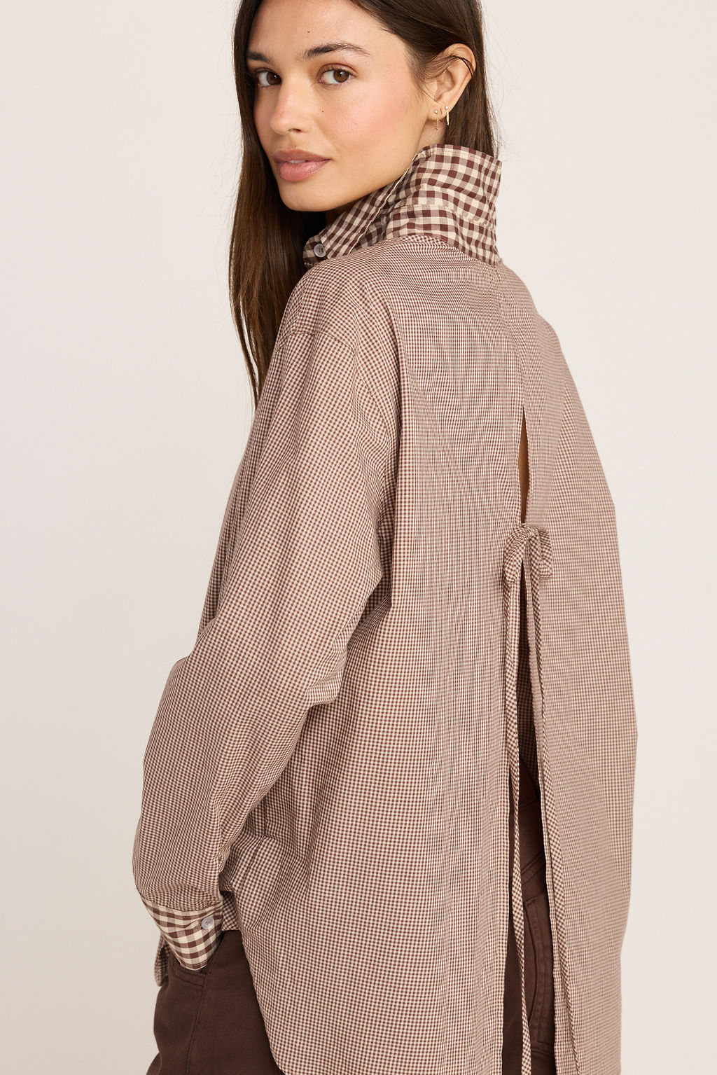 Kali Tie Back Buttondown - Brown Gingham