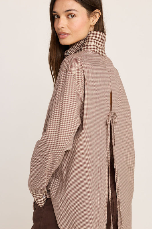 Kali Tie Back Buttondown - Brown Gingham