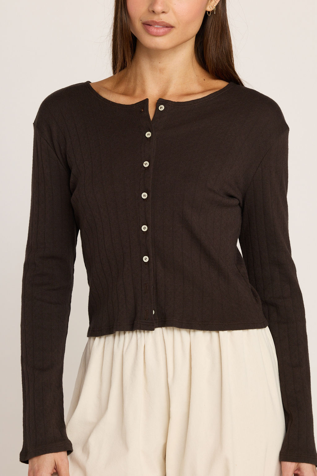 Elise Pointelle Cardigan - Chocolate