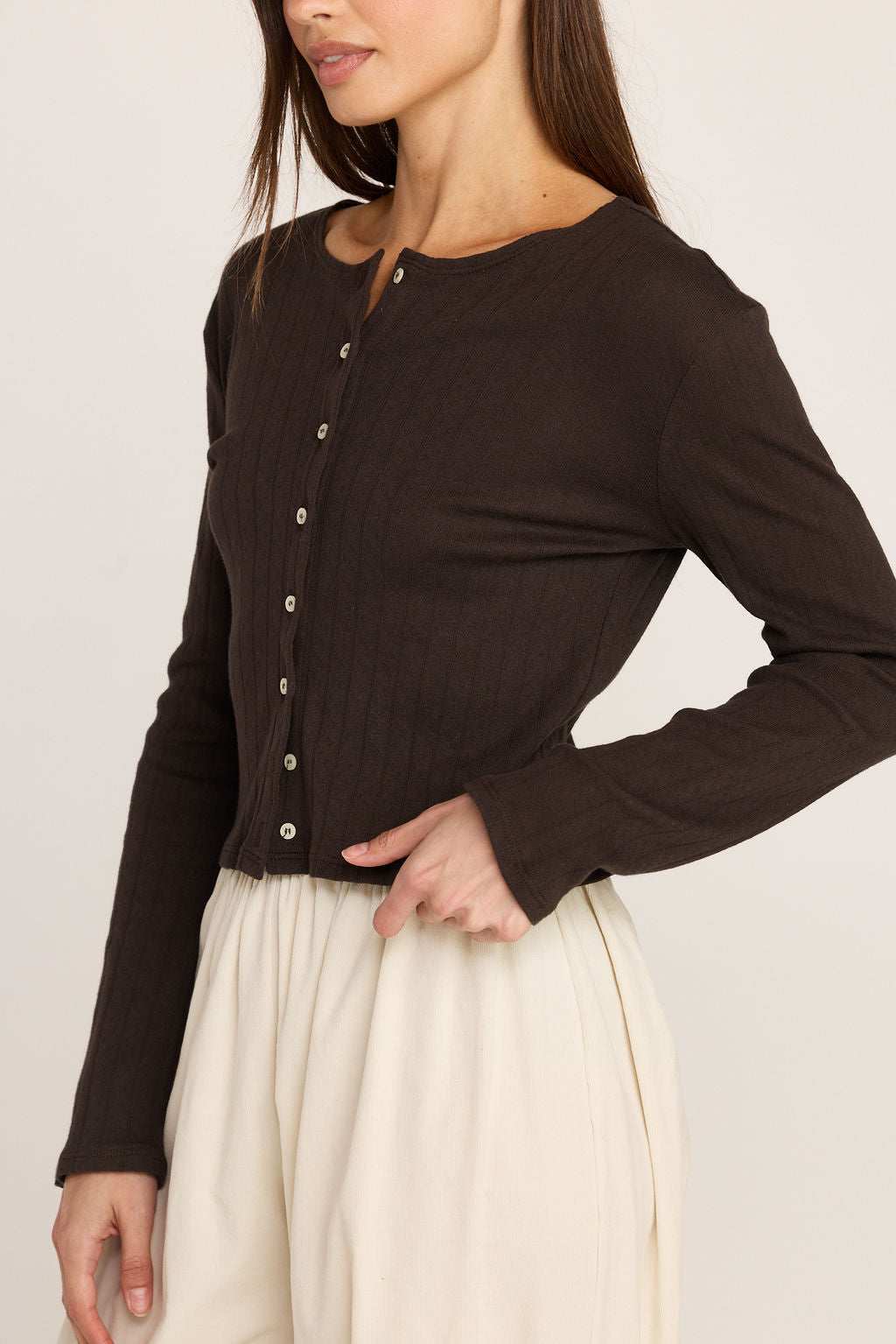 Elise Pointelle Cardigan - Chocolate