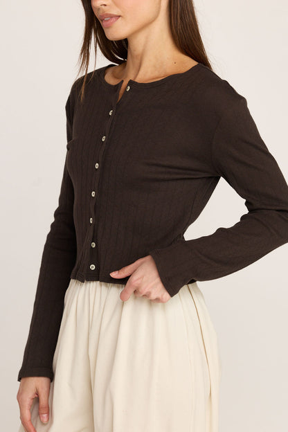 Elise Pointelle Cardigan - Chocolate