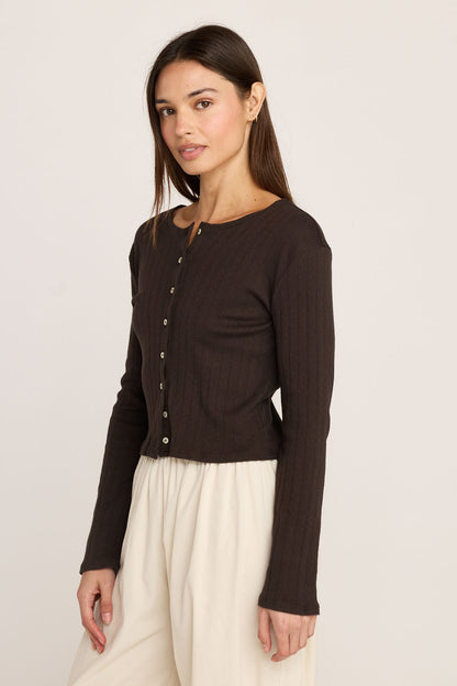 Elise Pointelle Cardigan - Chocolate