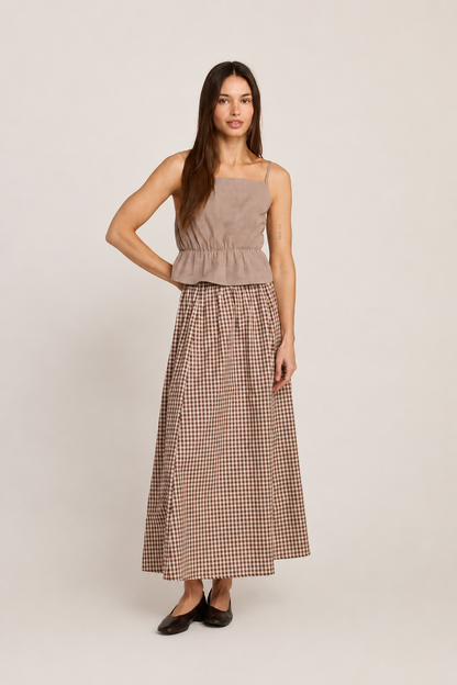 Emma Peplum Top  -  Brown Plaid