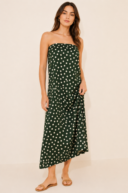 Linen Blend Tube Dress - Green Polka Dot