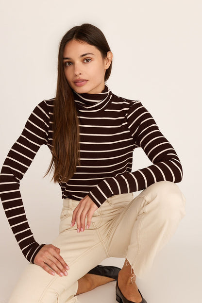 Margot Turtleneck Top - Brown/Cream Stripe