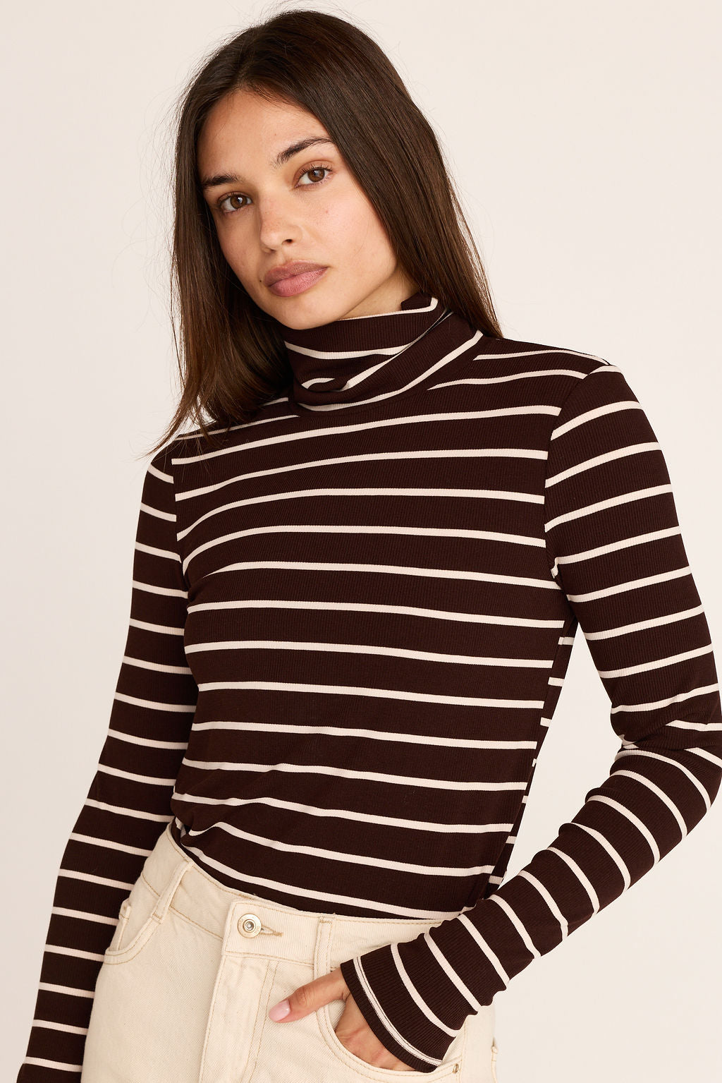 Margot Turtleneck Top - Brown/Cream Stripe