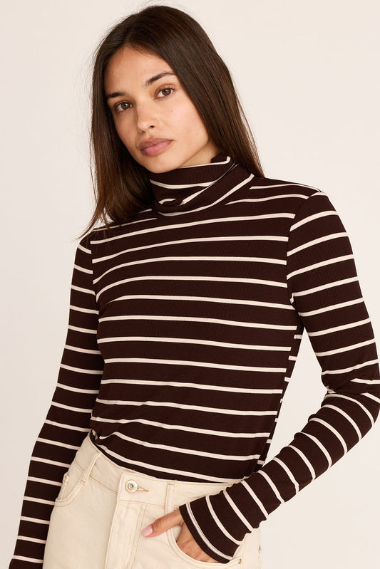 Margot Turtleneck Top - Brown/Cream Stripe