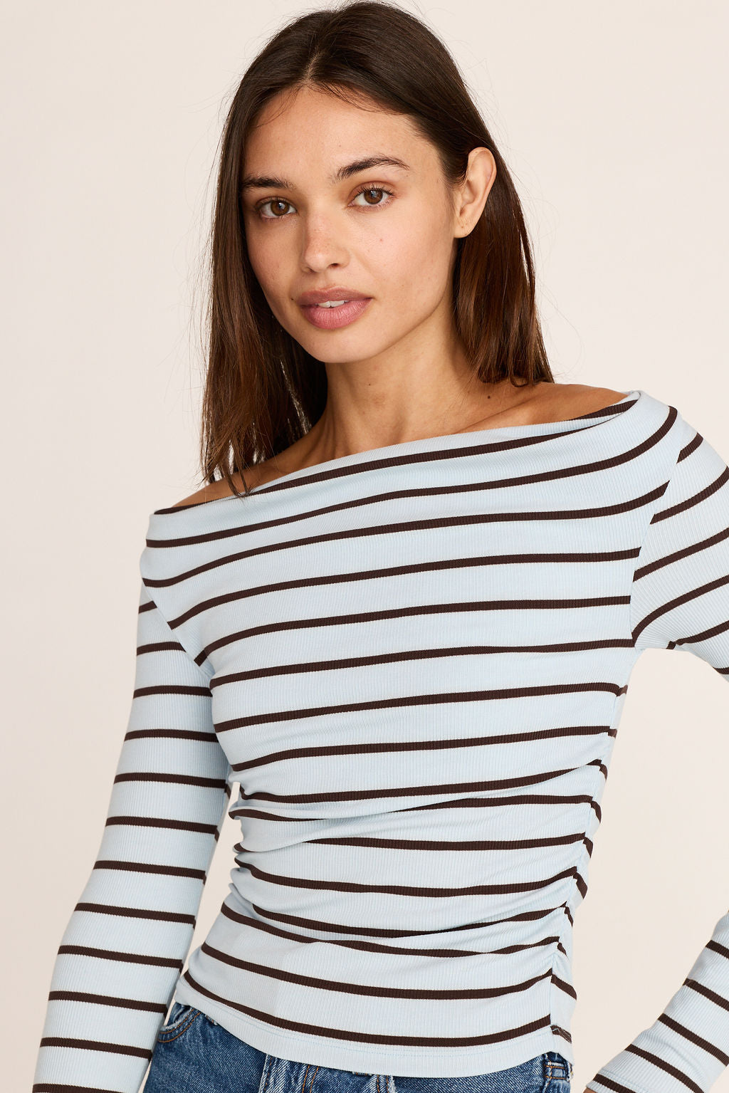 Angelica Long Sleeve Rib Top - Brown/Blue Stripe