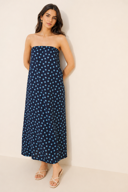 Linen Blend Tube Dress - Blue Polka Dot