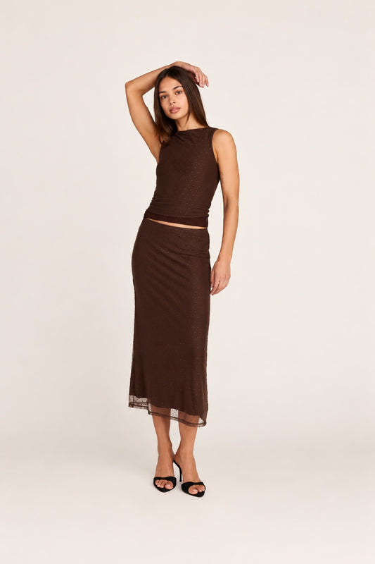 Emma Midi Skirt - Brown Polka Dot