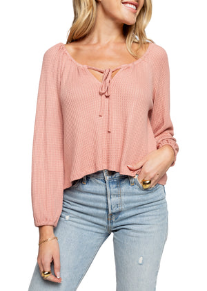 Tie Front Cropped Waffle Top - Blush