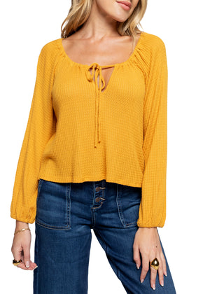 Tie Front Cropped Waffle Top - Mustard