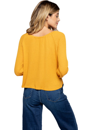 Tie Front Cropped Waffle Top - Mustard