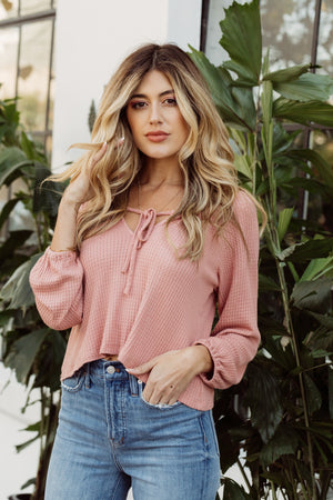Tie Front Cropped Waffle Top - Blush