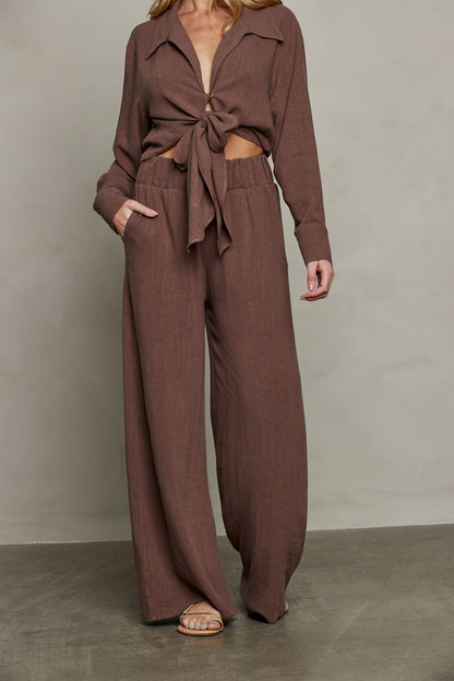Rhea Wide Leg Pant - Brown