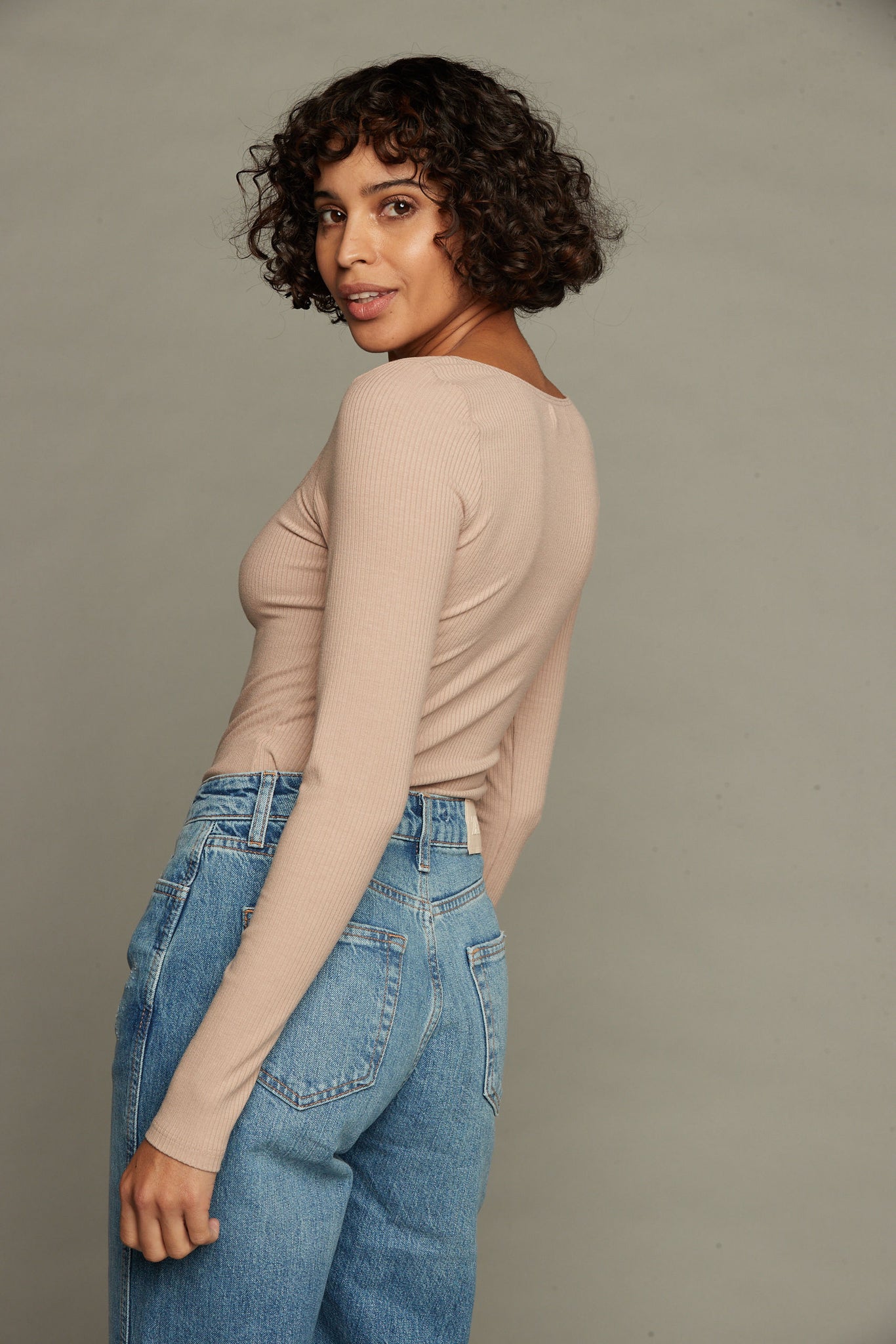Olivia Long Sleeve Rib Top  - Sand