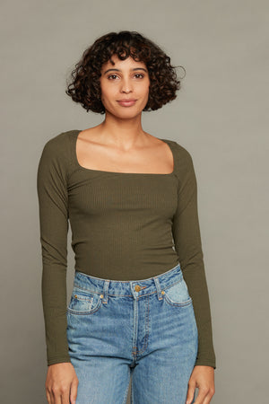 Olivia Long Sleeve Rib Top  - Olive