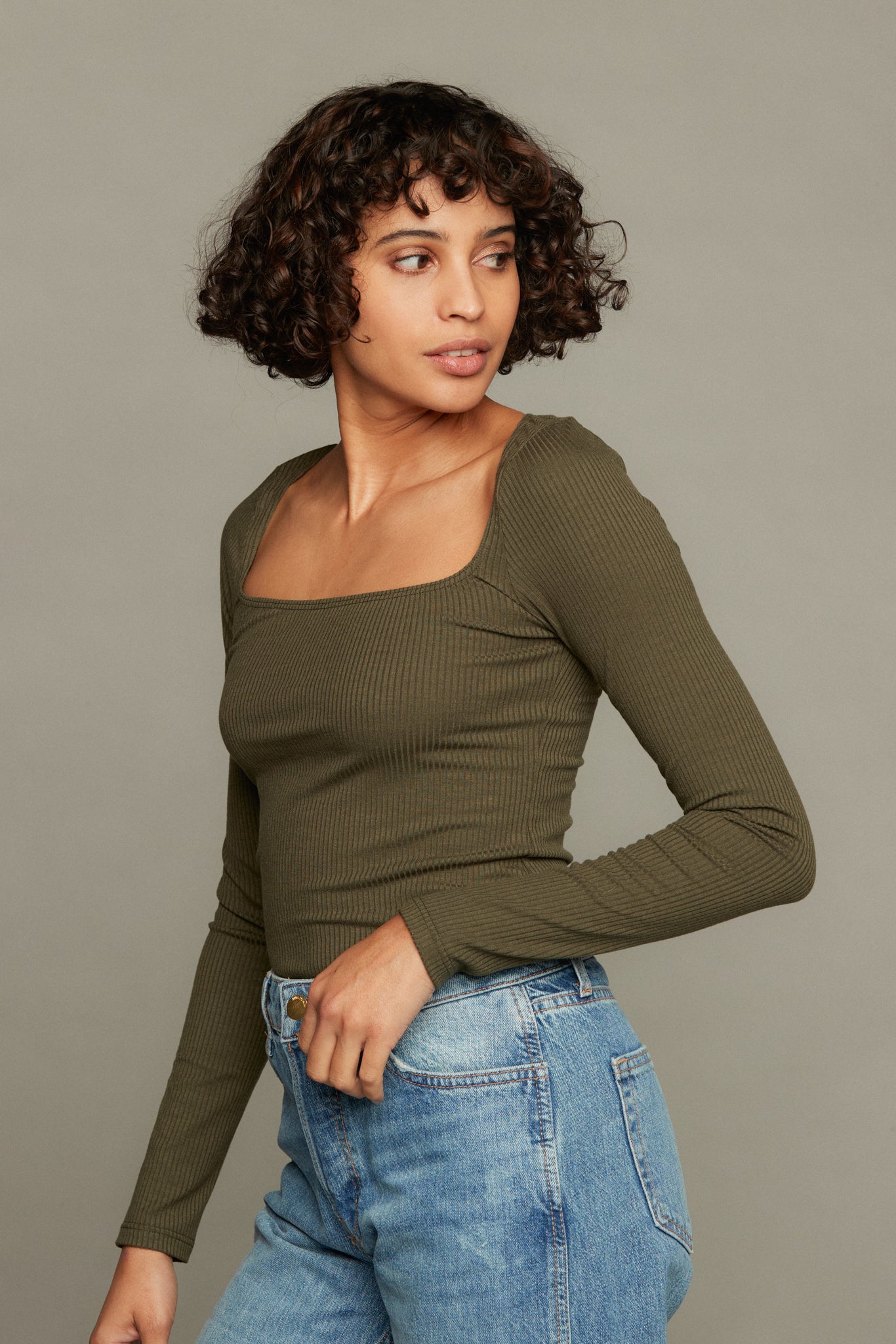 Olivia Long Sleeve Rib Top  - Olive