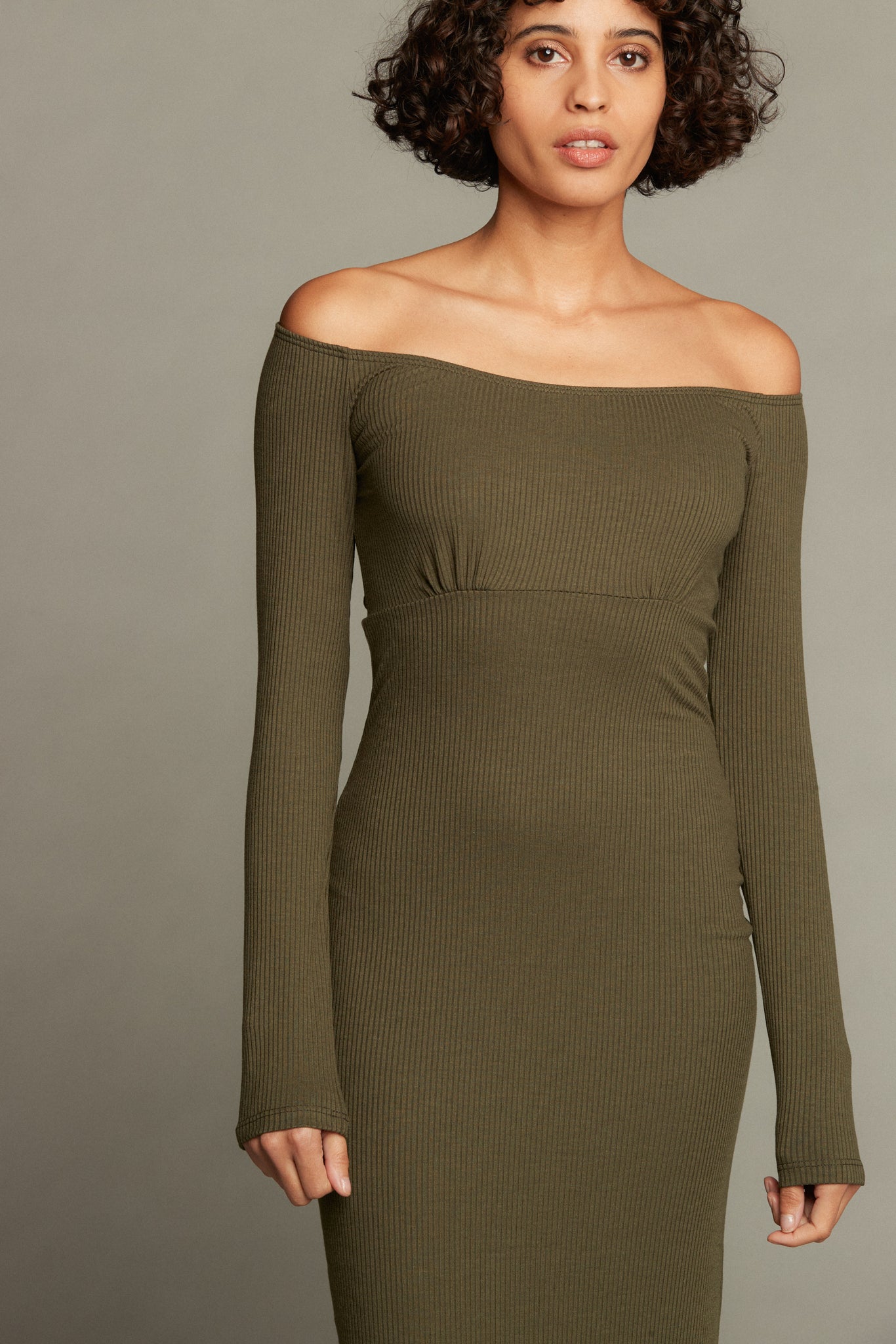 Desiree Off Shoulder Rib Dress - Olive