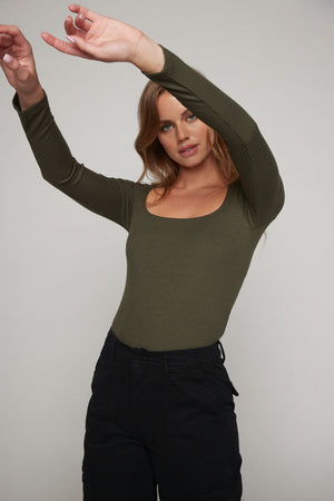 Olivia Long Sleeve Rib Top  - Olive