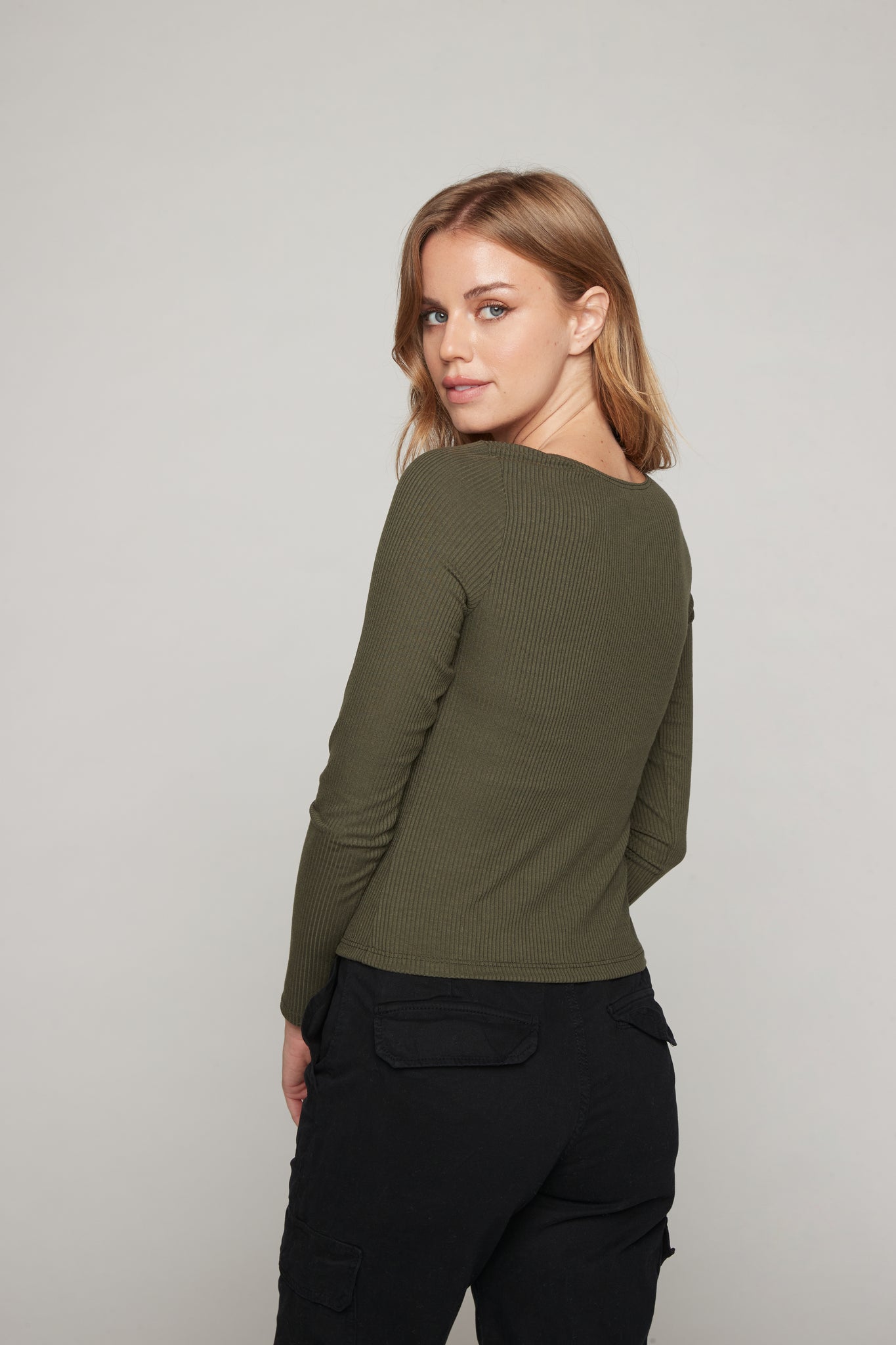 Olivia Long Sleeve Rib Top  - Olive