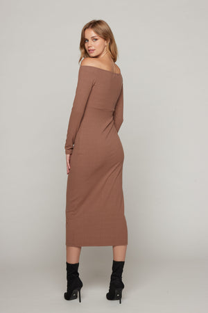 Desiree Off Shoulder Rib Dress - Mocha