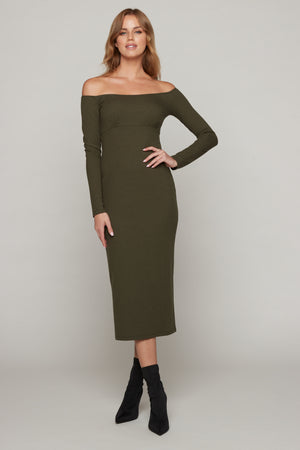 Desiree Off Shoulder Rib Dress - Olive